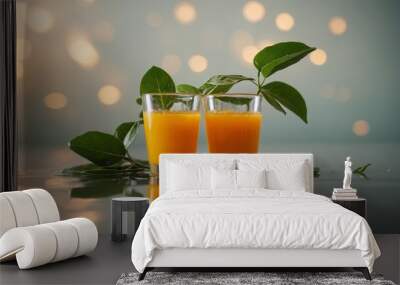 A tight shot of two orange juice cups One cup features a green leaf floating atop. Wall mural