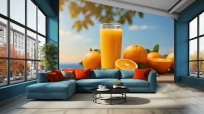 fresh glass of freshly squeezed orange juice with fresh ingredients oranges on wooden beige table top and blue clear sky background mockup template showcase. Wall mural