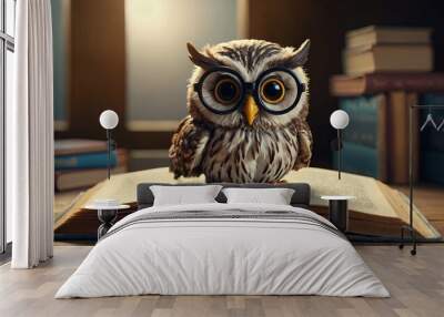 Little cute owl in glasses reading a book Education and learning concept Symbol of wisdom and knowledge. Wall mural