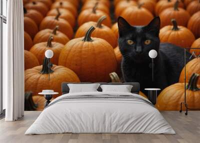 Pretty black cat between orange pumpkins on an orange background. Wall mural