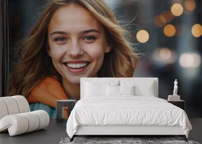 Young teenage girl's smiling mouth with crooked teeth. Wall mural