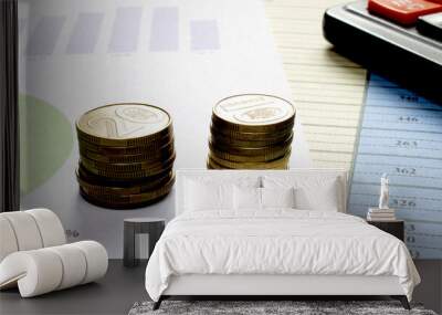 Coins With Calculator on financial diagrams. Finance conzept Wall mural