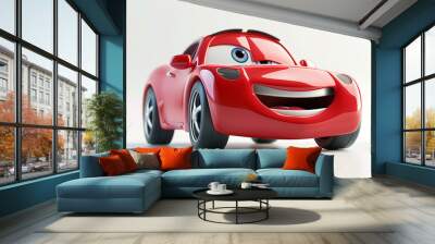 3D cartoon, a happy red sports car character with open eyes and a big smile Wall mural