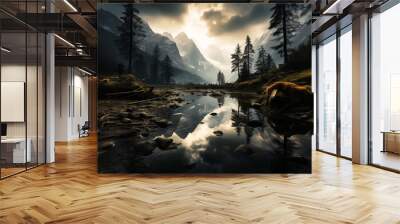 Landscape with mountains and rocks, in the style of dark and moody landscapes, mirrored realms, zeiss batis 18mm f/2.8, intense and dramatic lighting, captures the essence of nature, misty gothic, out Wall mural