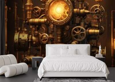 Steampunk-style lamp, with intricate gears and pipes, glowing light from the center, surrounded by brass clocks and vintage lamps. Aesthetic phone wallpaper Wall mural