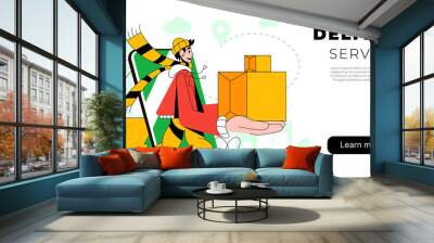 Deliveryman with a box. Courier delivering package. Online delivery service banner template. Worldwide Delivery and shipment service concept. Vector illustration. Wall mural