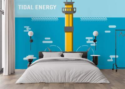 ПечатьTidal power plant. Eco friendly underwater renewable energy sources. Flat vector illustration. Alternative electricity generators. Hydro power turbine. Wall mural