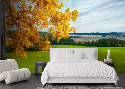 Orange and yellow oak leaves in late autumn against a background of forest and green field Wall mural