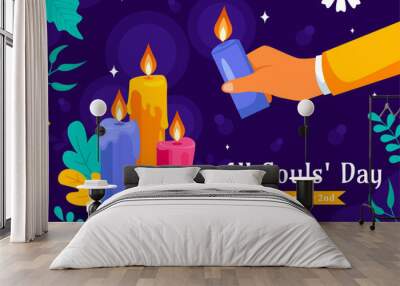 All Souls' Day Vector Illustration to Honor and Commemorate the Souls of Deceased Believers in the Christian Faith Featuring Candles in a Background Wall mural