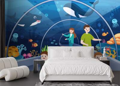 Aquarium Template Hand Drawn Cartoon Flat Illustration with Family and Kids Looking at Underwater Fish, Sea Animals Variety, Marine Flora and Fauna Wall mural