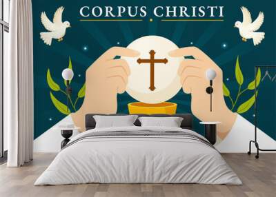 Corpus Christi Catholic Religious Holiday Vector Illustration with Feast Day, Cross, Bread and Grapes in Flat Cartoon Hand Drawn Poster Templates Wall mural