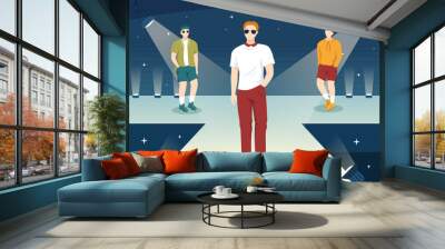 Fashion Men Show with Catwalk Male Models Display Clothes on Runway in Modern Trendy Outfits on Flat Cartoon Hand Drawn Templates Illustration Wall mural