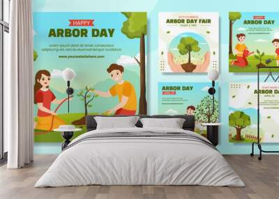 Happy Arbor Day Social Media Post Flat Cartoon Hand Drawn Templates Background Illustration Wall mural