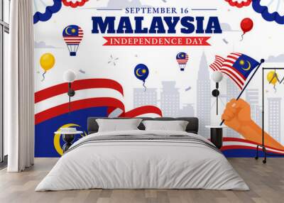 Happy Malaysia Independence Day Vector Illustration on September 16 with Waving Flag and Ribbon in a National Holiday Flat Style Cartoon Background Wall mural