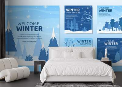 Hello Winter Social Media Post Template Flat Cartoon Background Vector Illustration Wall mural