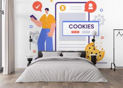 Internet Cookies Technology Vector Illustration with Tracking Cookie Records of Browsing Activity on a Website in a Flat Cartoon Style Background Wall mural