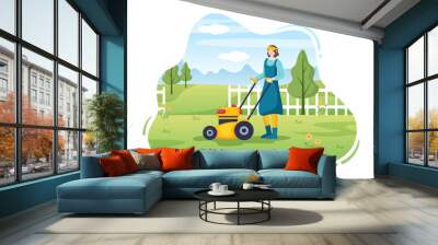 Lawn Mower Cutting Green Grass, Trimming and Care on Page or Garden in Flat Cartoon Illustration Wall mural