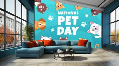 National Pet Day on April 11 Illustration with Cute Pets of Cats and Dogs for Web Banner or Landing Page in Flat Cartoon Hand Drawn Templates Wall mural