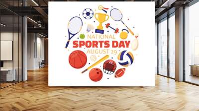 National Sports Day Vector Illustration with Sportsperson from Different Sport in Flat Cartoon Hand Drawn Landing Page Background Templates Wall mural