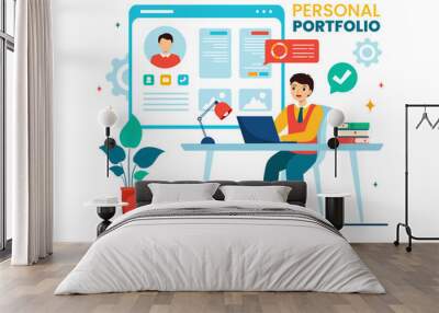 Personal Portfolio Vector Illustration with Profile Data, Resume or Self Improvement to Attract Clients and Employers in Flat Cartoon Background Wall mural