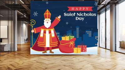 Saint Nicholas Day or Sinterklaas Celebration Template Hand Drawn Cartoon Flat Illustration with Gift Box and Winter Background Design Wall mural