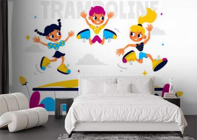 Vector Illustration of a Little Boy or Girl Jumping on a Trampoline, Enjoying Summer Outdoor Activities with a Flat Style Cartoon Background Wall mural