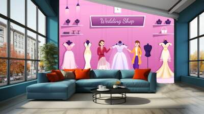 Wedding Shop with Jewelry, Beautiful Bride Gowns and Accessories Suitable for Poster in Flat Cartoon Hand Drawn Template Illustration Wall mural