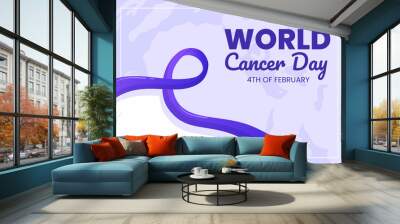 World Cancer Day with Ribbon Flat Vector Illustration. Inform the Public About Disease Awareness on February 4th Through Campaign Background or Poster Wall mural