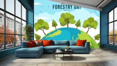 World forestry day on March 21st Illustration to Educate, Love and Protect the Forest in Flat Cartoon Hand Drawn Landing Page Templates Wall mural