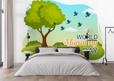 World Migratory Bird Day on May 8 Illustration with Birds Migrations Groups in Flat Cartoon Hand Drawn for Landing Page Templates Wall mural