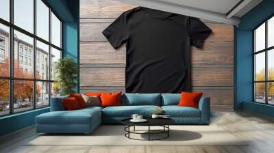 Black t shirt in front view, isolated on wood table. Ready for your mock up design template. Generative AI Wall mural