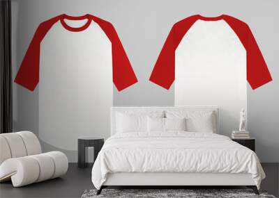 Set of raglan t shirt in front and back view isolated on background. Raglan 3/4 sleeve red and white ready for mockup or presentation your design. Wall mural