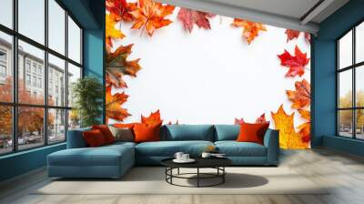 Autumn Maple Leaves Flat Lay White Background created with Generative AI Wall mural