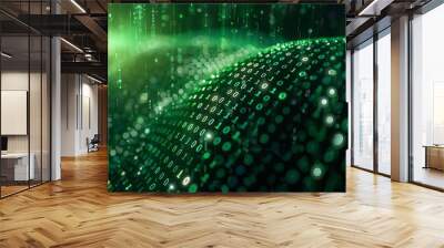 Green dark binary code data streaming background created with Generative AI Wall mural