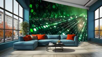 Green dark binary code data streaming background created with Generative AI Wall mural