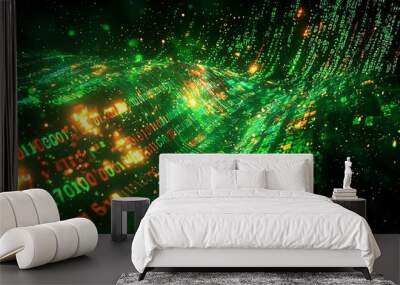 Green Dark Binary Code with Data Streaming Background created with Generative AI Wall mural