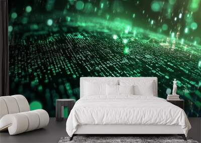 Green Dark Binary Code with Data Streaming Background created with Generative AI Wall mural