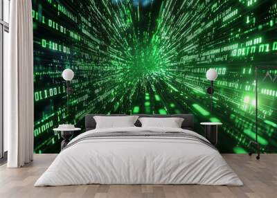 Green Dark Binary Code with Data Streaming Background created with Generative AI Wall mural