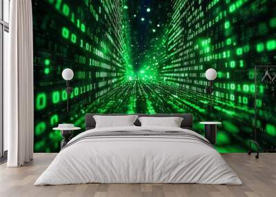 Green Dark Binary Code with Data Streaming Background created with Generative AI Wall mural