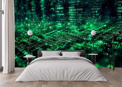 Green Dark Binary Code with Data Streaming Background created with Generative AI Wall mural