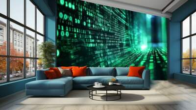 Green Dark Binary Code with Data Streaming Background created with Generative AI Wall mural