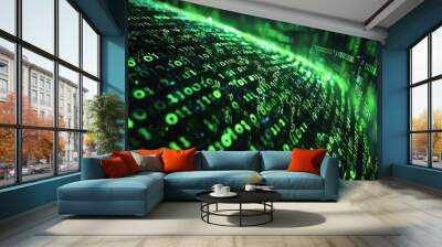 Green Dark Binary Code with Data Streaming Background created with Generative AI Wall mural