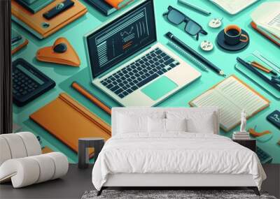 Illustration of educational learning tools set on table created with Generative AI Wall mural