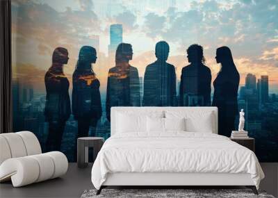 People standing in city skyline double exposure created with Generative AI Wall mural