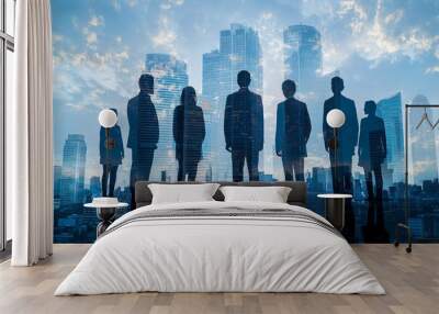 People standing in city skyline double exposure created with Generative AI Wall mural