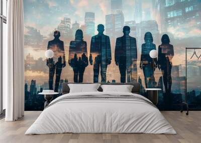 People standing in city skyline double exposure created with Generative AI Wall mural