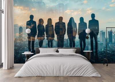 People standing in city skyline double exposure created with Generative AI Wall mural