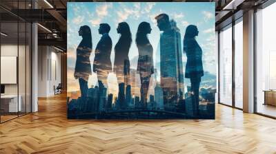 People standing in city skyline double exposure created with Generative AI Wall mural