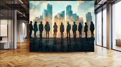 People standing in city skyline double exposure created with Generative AI Wall mural