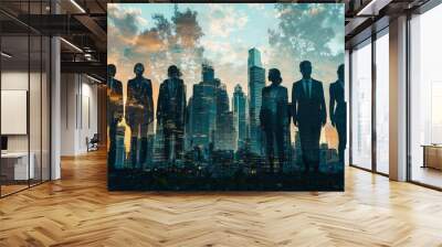 People standing in city skyline double exposure created with Generative AI Wall mural